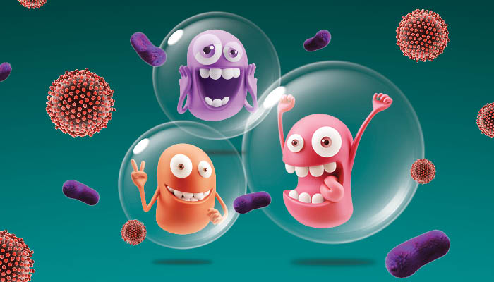 3 personified virus cartoons.